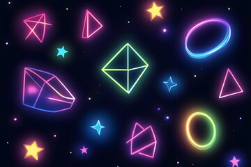Vibrant neon shapes floating in a cosmic void against a black background.