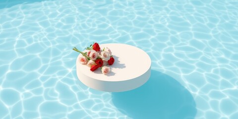 A bouquet of pink and red roses rests on a white platform floating on a clear blue pool of water