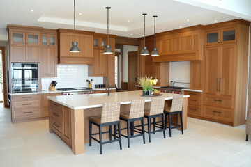 Functional Scandinavian kitchen with large island wooden cabinetry and lighting