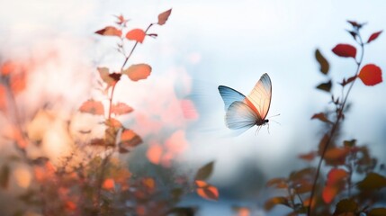 A delicate butterfly flutters among soft, colorful foliage.