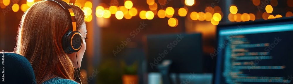 Poster a focused individual wearing headphones, coding at a computer against a backdrop of soft glowing lig