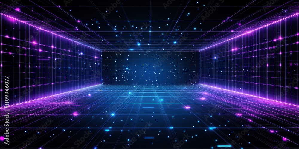 Poster abstract futuristic digital space with glowing lines and particles, creating a vibrant environment f
