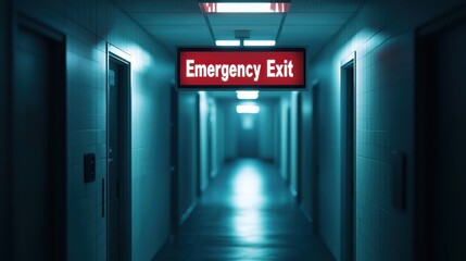Dimly lit hallway with an illuminated emergency exit sign at the end.