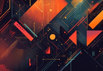 Abstract Geometric Background with Vibrant Colors, Featuring Triangles, Circles, Lines, and Dots in a Modern Design for Digital and Print Media Use
