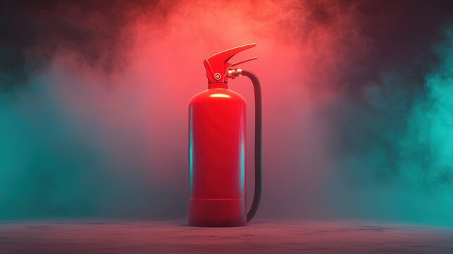 Red fire extinguisher illuminated by colorful smoke in a dramatic setting.