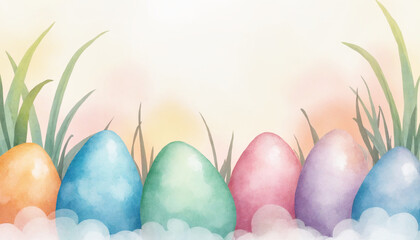 Fototapeta premium Colorful watercolor Easter eggs arranged in grass with a soft pastel background