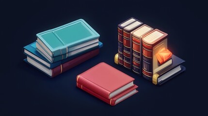 3D icon of books, designed with detailed textures and realistic shading, perfect for digital projects, educational icons, and library-related graphic designs. Ideal for representing knowledge,
