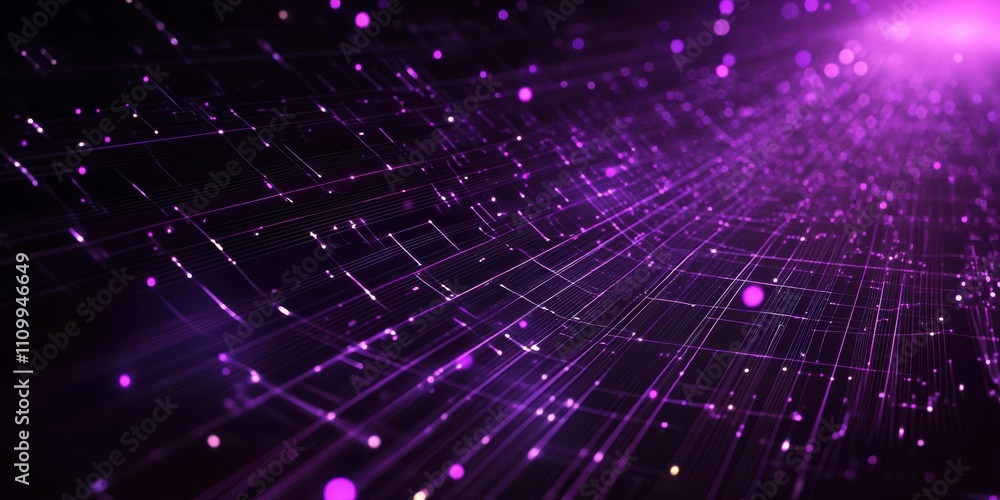 Poster abstract purple background with glowing particles and lines creating a dynamic digital landscape for