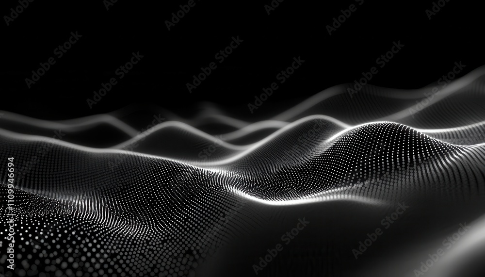 Poster abstract representation of flowing waves in monochrome colors with dots creating depth and texture i