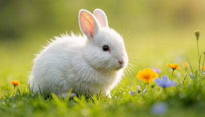 Adorable white rabbit sitting in a meadow surrounded by colorful flowers