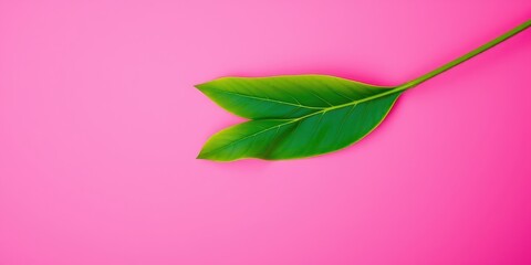 Obraz premium A single green leaf with delicate veins rests on a vibrant pink background, capturing the essence of nature's artistry against a bold backdrop.