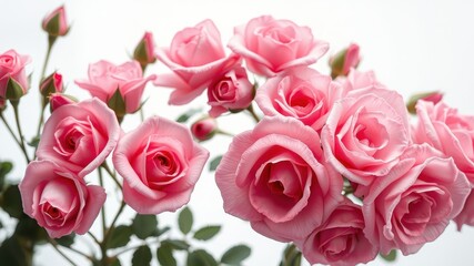 Fototapeta premium Delicate pink roses bloom in a cluster, their soft petals unfurling in a symphony of natural beauty.