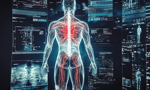 A digital representation of the human body with data overlays, showcasing anatomy and analysis.