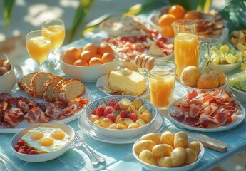Abundant Breakfast Table Spread Featuring Fresh Fruits, Cheese, Eggs, Bacon, Bread, and Juices Ideal for a Sunny Outdoor Brunch Gathering with Family and Friends