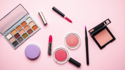 A Flat Lay of Makeup Essentials Featuring Eyeshadow Palette, Blush, Lipstick and Lip Liner on a Pink Background