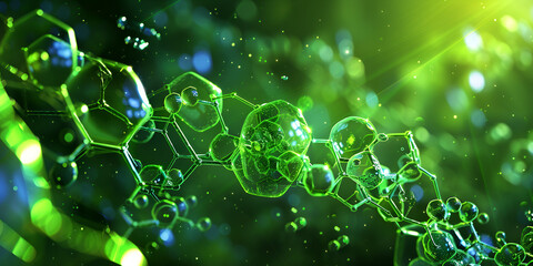 Green molecules and bubbles create a vibrant, scientific background, emphasizing a dynamic and lively atmosphere.