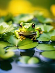 Close-up of a cute frog sitting on a lily pad, surrounded by small flowers and leaves
