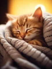Cute fluffy kitten wrapped in a cozy blanket, domestic cat close-up. Only the face is visible