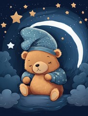 Close-up of a sleepy Cute Teddy Bear Ready for Sleep, with a dreamy background of stars and moonlight