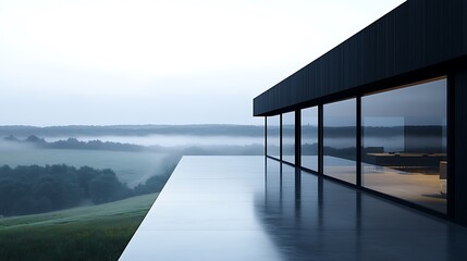 Fototapeta premium A minimalist black barn-style home with large floor-to-ceiling windows overlooking a foggy countryside.