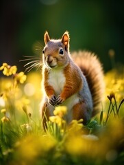 Cute squirrel standing in a sunlit field of flowers