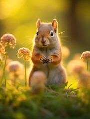 Cute squirrel standing in a sunlit field of flowers