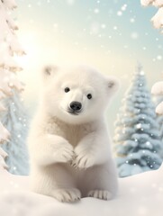 Cute polar bear cub wearing a winter hat, sitting in a snowy landscape, soft focus with snowflakes