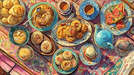 A vibrant spread of various dishes and tea, showcasing a delightful meal setting.