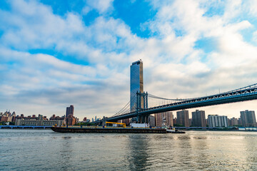 Manhattan bridge in New York. Architecture of historic bridge in Manhattan. Bridge connecting Lower Manhattan at Canal Street with Downtown Brooklyn. Urban city architecture