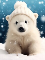Cute polar bear cub wearing a winter hat, sitting in a snowy landscape, soft focus with snowflakes