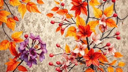 Fototapeta premium A symphony of colors, with orange, purple, and pink blossoms gracefully intertwined, creates a vibrant tapestry of autumnal beauty.