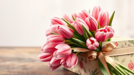 Obraz premium A delicate bouquet of pink tulips tied with a brown ribbon, nestled in a decorative box, exudes a sense of romance and warmth.