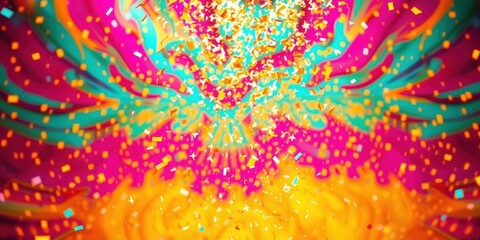 A vibrant abstract background with swirling patterns in pink, orange, and turquoise, overlaid with falling confetti.