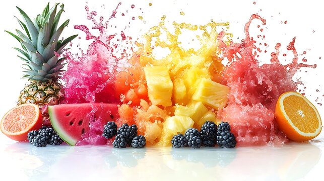 A vibrant splash of fresh fruits including pineapple, watermelon, and orange, creating a colorful explosion of juice and flavor.