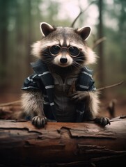 Cute raccoon wearing tiny glasses, sitting on a log, with a forest background