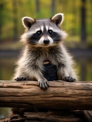 Cute raccoon wearing tiny glasses, sitting on a log, with a forest background