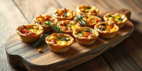 Fototapeta premium Mini Savory Tarts with a Variety of Toppings, Displayed on a Rustic Wooden Cutting Board