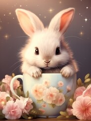 Cute bunny in a teacup with flowers around, pastel colors in a sunlit background
