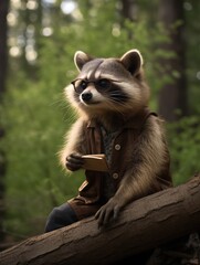 Cute raccoon wearing tiny glasses, sitting on a log, with a forest background