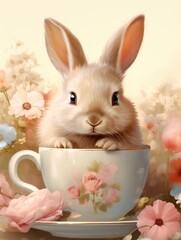 Cute bunny in a teacup with flowers around, pastel colors in a sunlit background