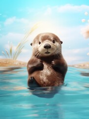 Cute otter floating on calm water, clear blue water background, sunlight reflection