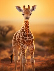 Cute baby giraffe in a savannah landscape with soft, warm lighting
