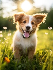 Cute smiling little puppy in beautiful green meadow is happily running towards the camera. Cute dog and good friend