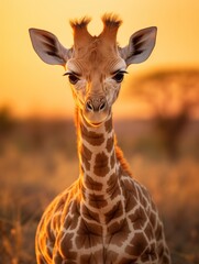 Cute baby giraffe in a savannah landscape with soft, warm lighting