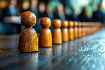 Wooden figurines arranged in a line on a wooden table with blurred background of business professionals in a meeting setting