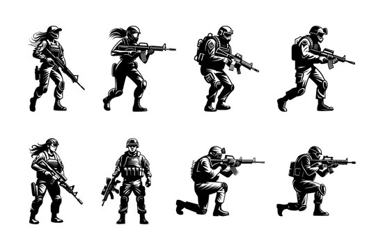 airsoft player silhouette set, isolated background
