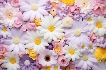 Colorful artificial flowers background, multicolored floral pattern close up. Many spring flowers, tulips, daffodils, daisies, chamomile, lilac, soft light