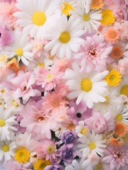 Colorful artificial flowers background, multicolored floral pattern close up. Many spring flowers, tulips, daffodils, daisies, chamomile, lilac, soft light