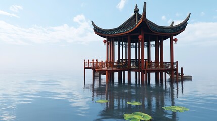 Obraz premium Traditional Chinese pavilion gracefully standing in the middle of serene waters, surrounded by tranquil reflections, capturing timeless architecture and cultural elegance in a harmonious natural 
