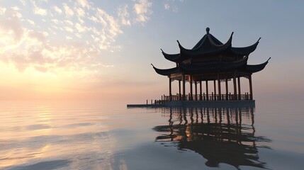 Traditional Chinese pavilion gracefully standing in the middle of serene waters, surrounded by tranquil reflections, capturing timeless architecture and cultural elegance in a harmonious natural